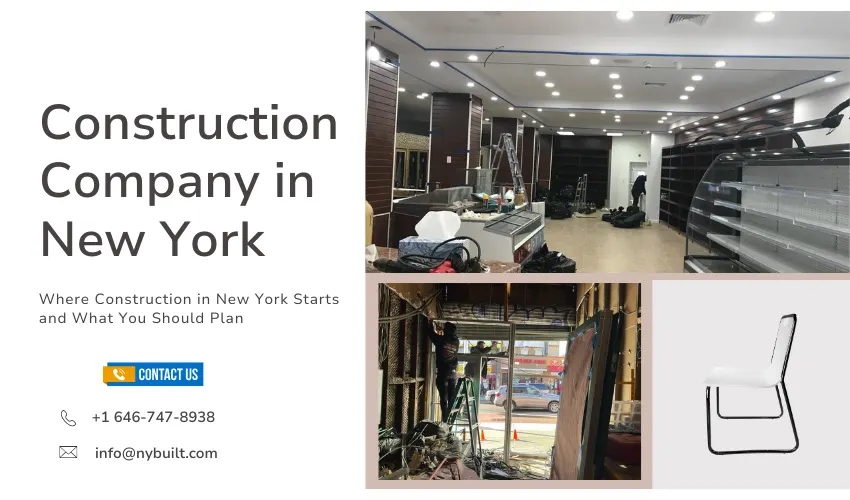 Construction company in New York graphic featuring NY Built, with photos of interior renovation, storefront construction, and business contact information.