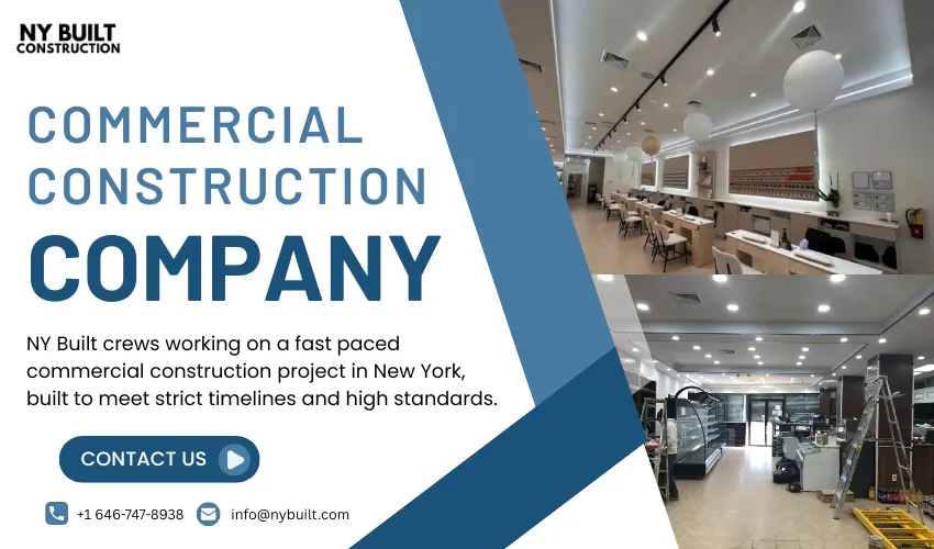 NY Built Construction promotional graphic featuring the text 'Commercial Construction Company' alongside interior photos of a modern commercial renovation in New York, with contact details and a call to action for construction services.